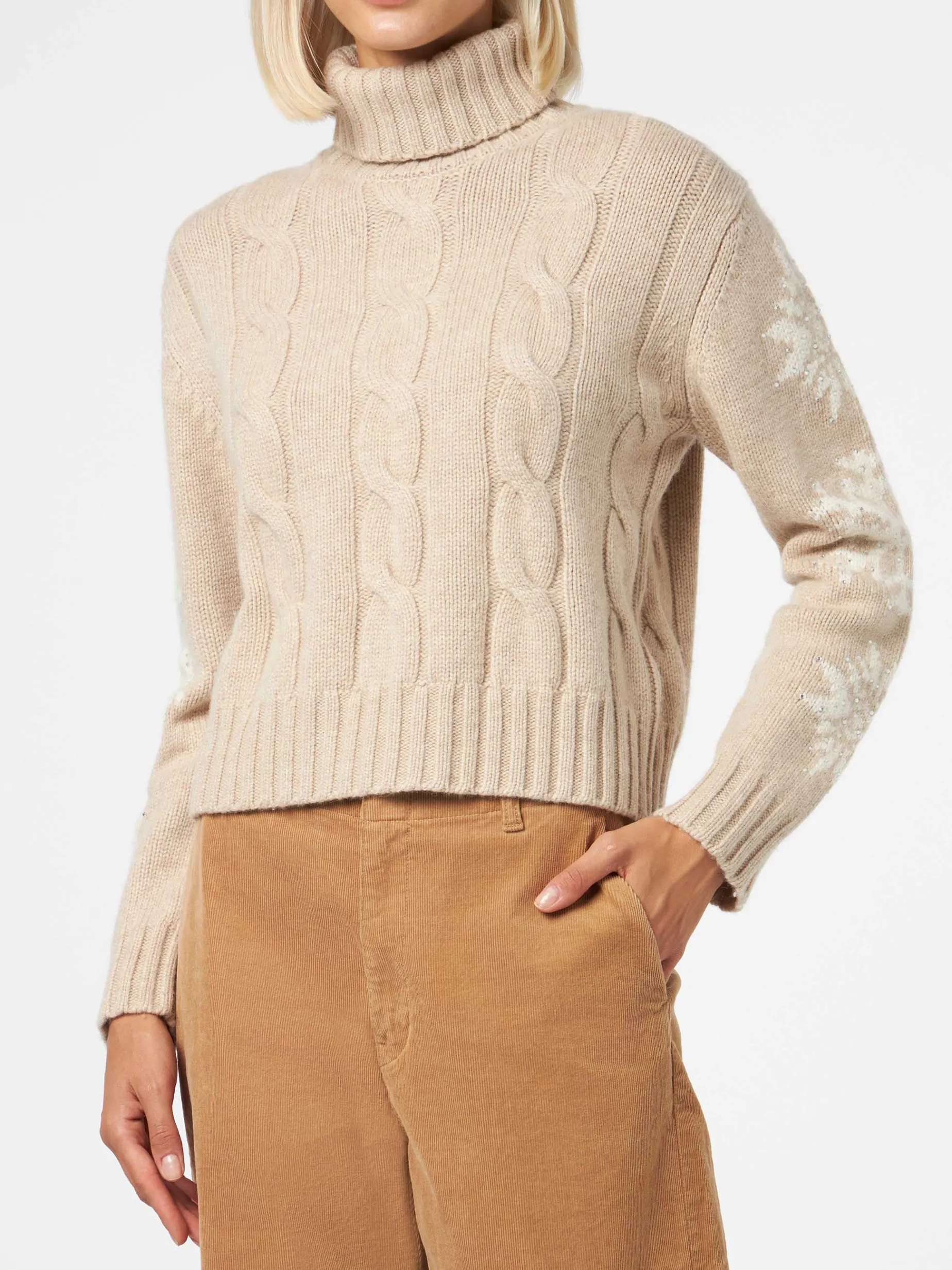 Maglia da donna intrecciata a collo alto con strass fiocco di neve