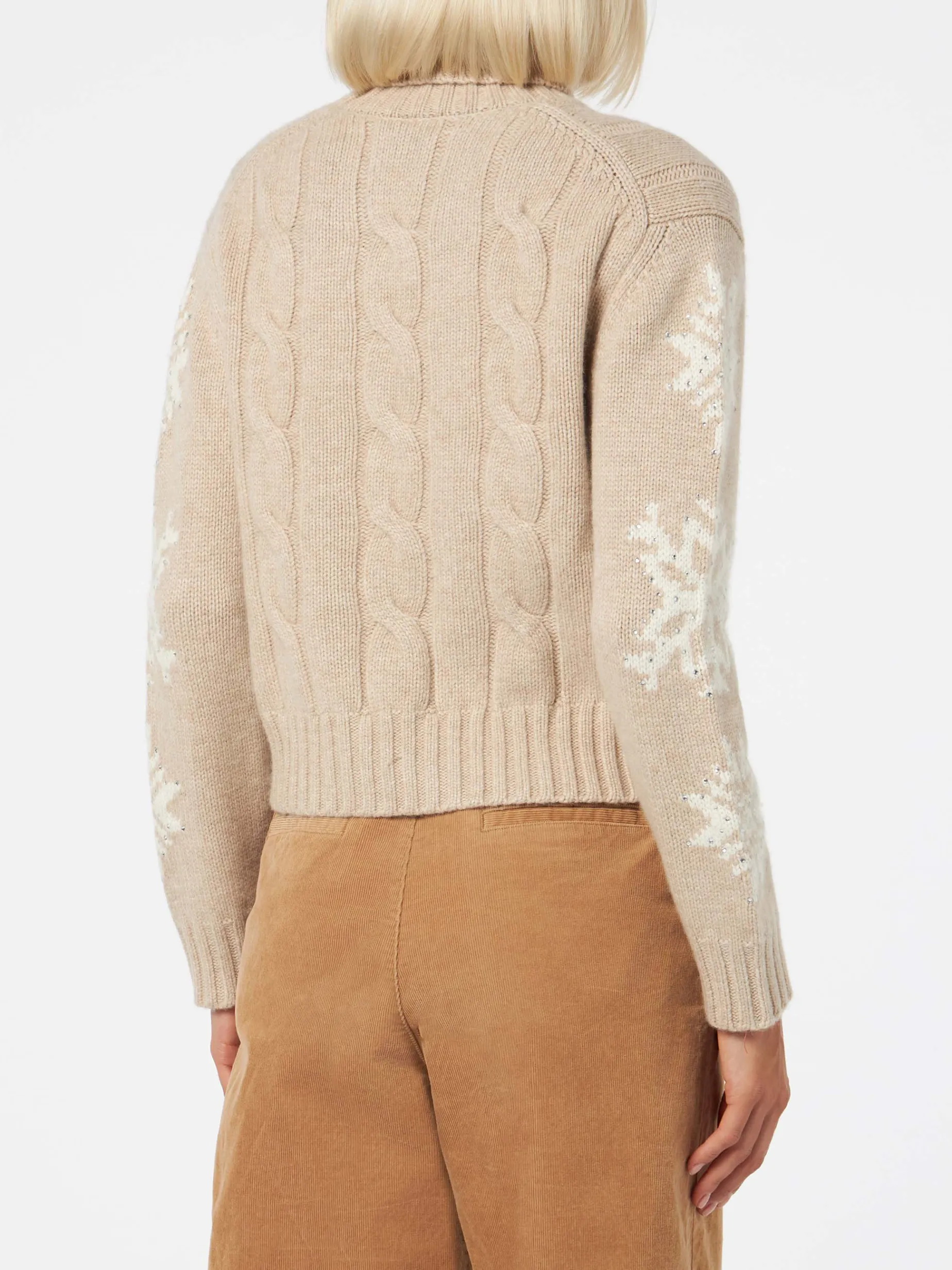 Maglia da donna intrecciata a collo alto con strass fiocco di neve