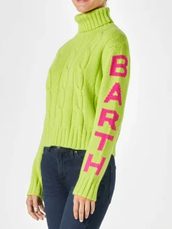 Maglia da donna intrecciata a collo alto giallo fluo