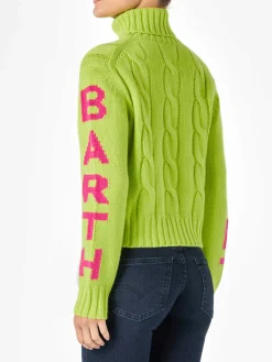 Maglia da donna intrecciata a collo alto giallo fluo