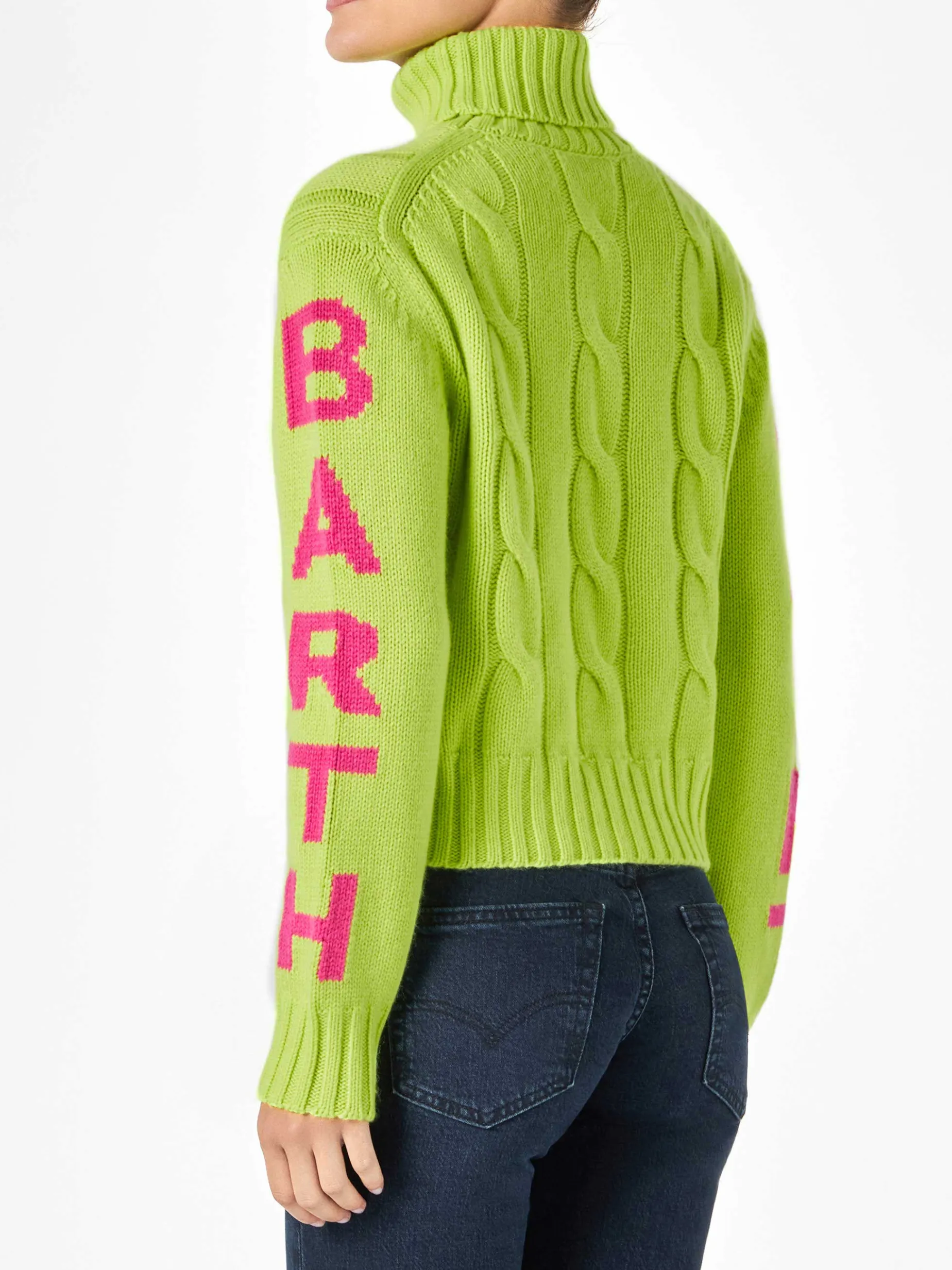 Maglia da donna intrecciata a collo alto giallo fluo