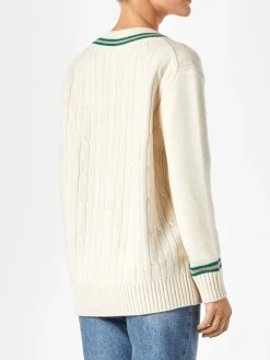 Maglia da donna scollo a v intrecciata con patch