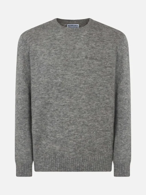 Maglia da uomo in lana stretch grigio mélange con ricamo St. Barth