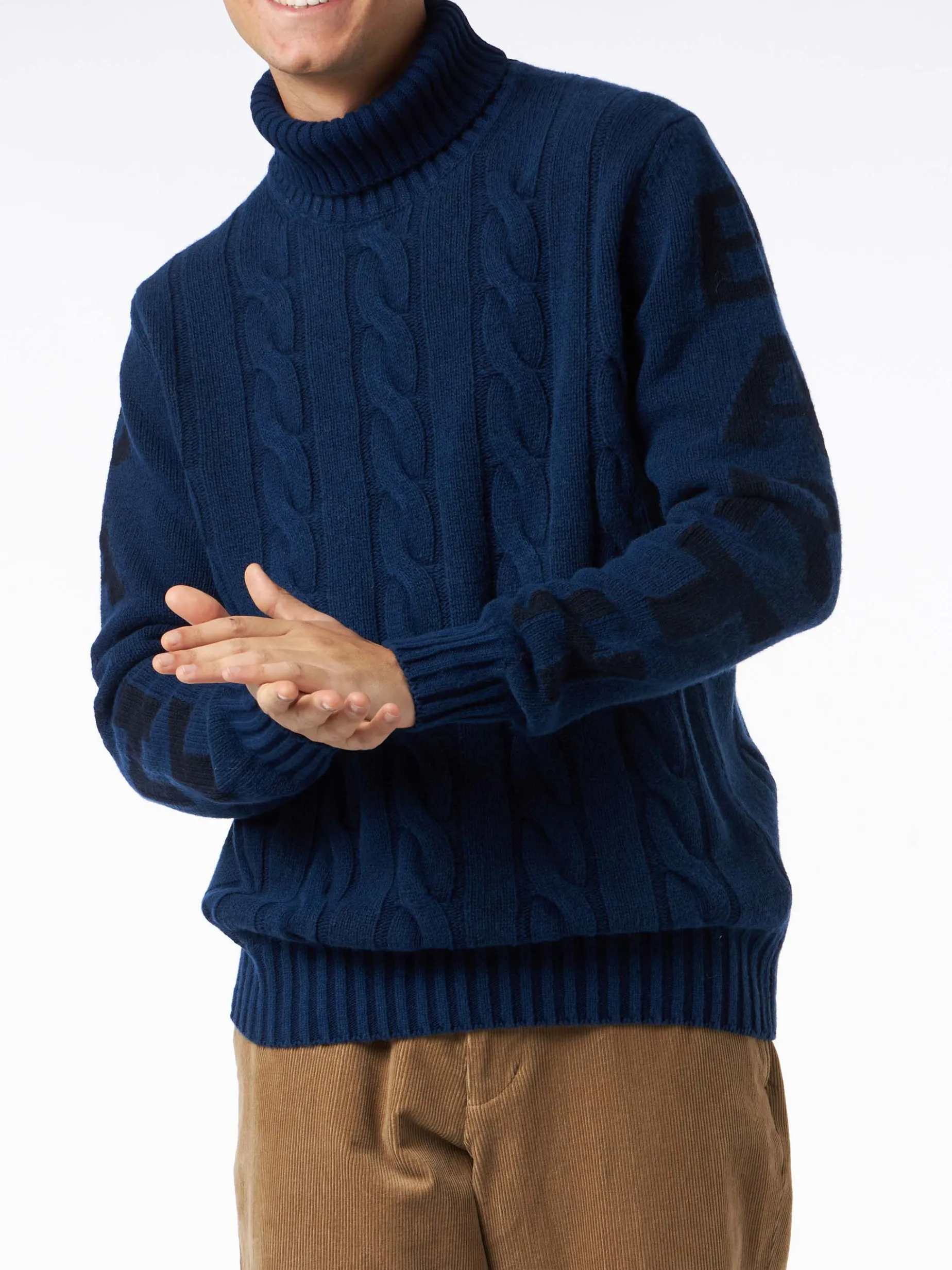 Maglia da uomo vintage blu intrecciata a collo alto pesante