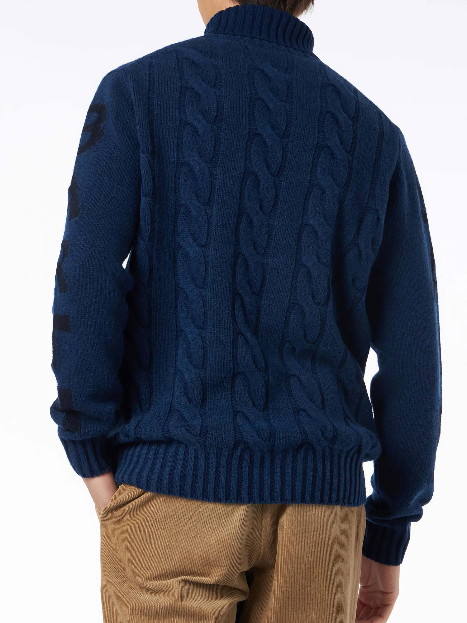 Maglia da uomo vintage blu intrecciata a collo alto pesante