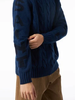 Maglia da uomo vintage blu intrecciata a collo alto pesante