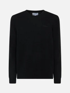 Maglia nera da uomo in lana stretch con ricamo St. Barth