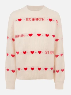 Maglione bianco da donna a coste Danya con stampa a cuore