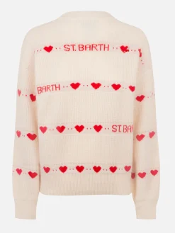 Maglione bianco da donna a coste Danya con stampa a cuore