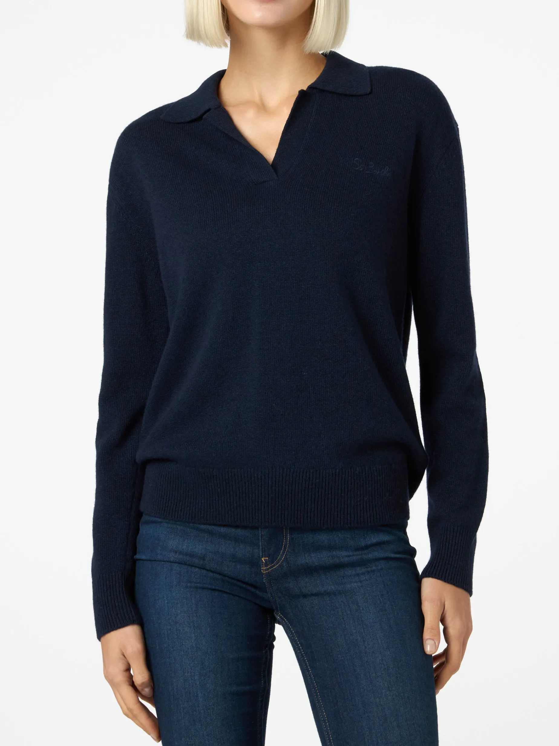Maglione da donna blu navy Eze con collo polo