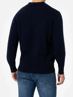 Maglione da uomo blu navy in misto cashmere con collo a polo Covent