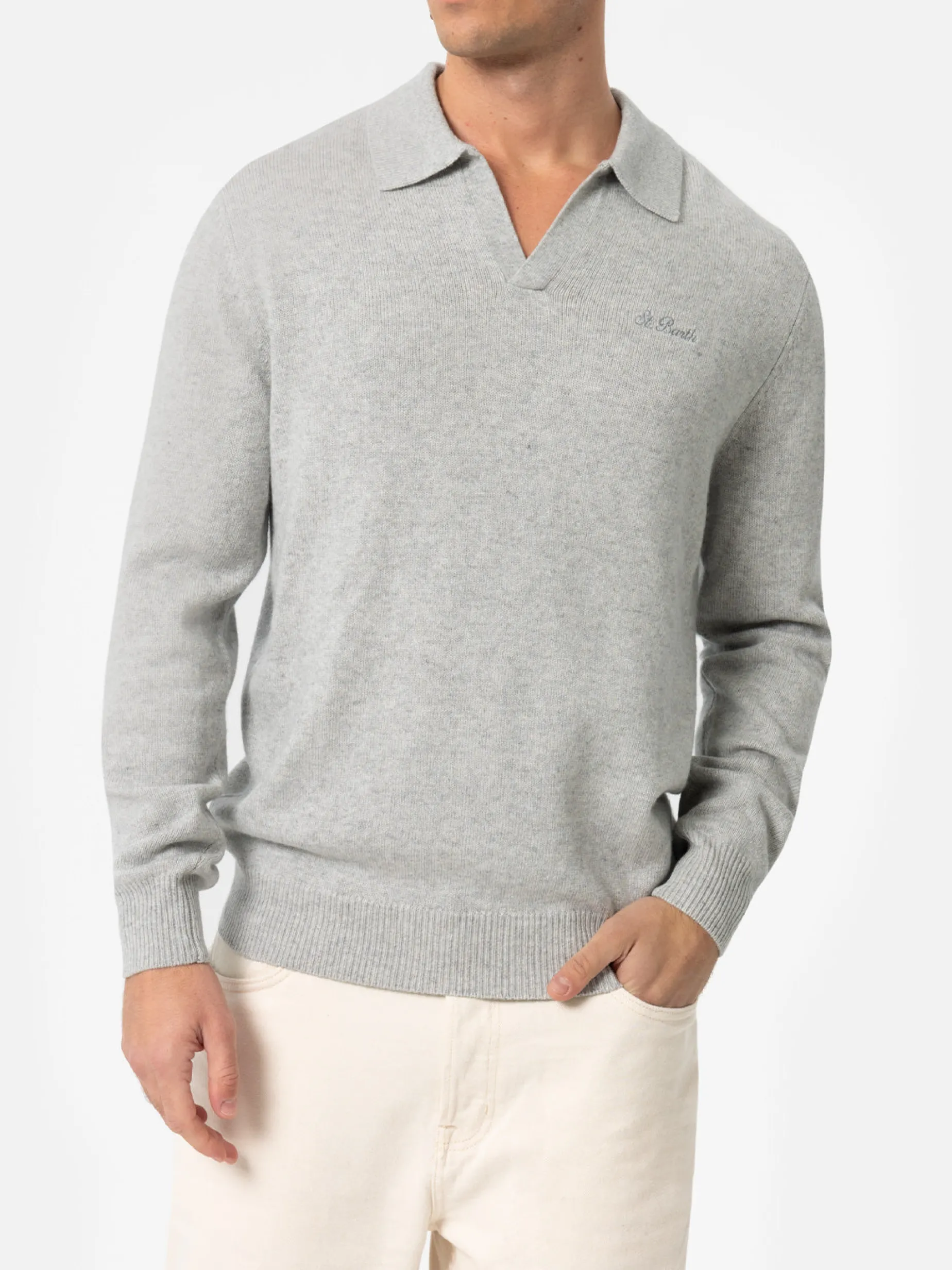 Maglione da uomo con collo a polo in misto cashmere grigio mélange Covent