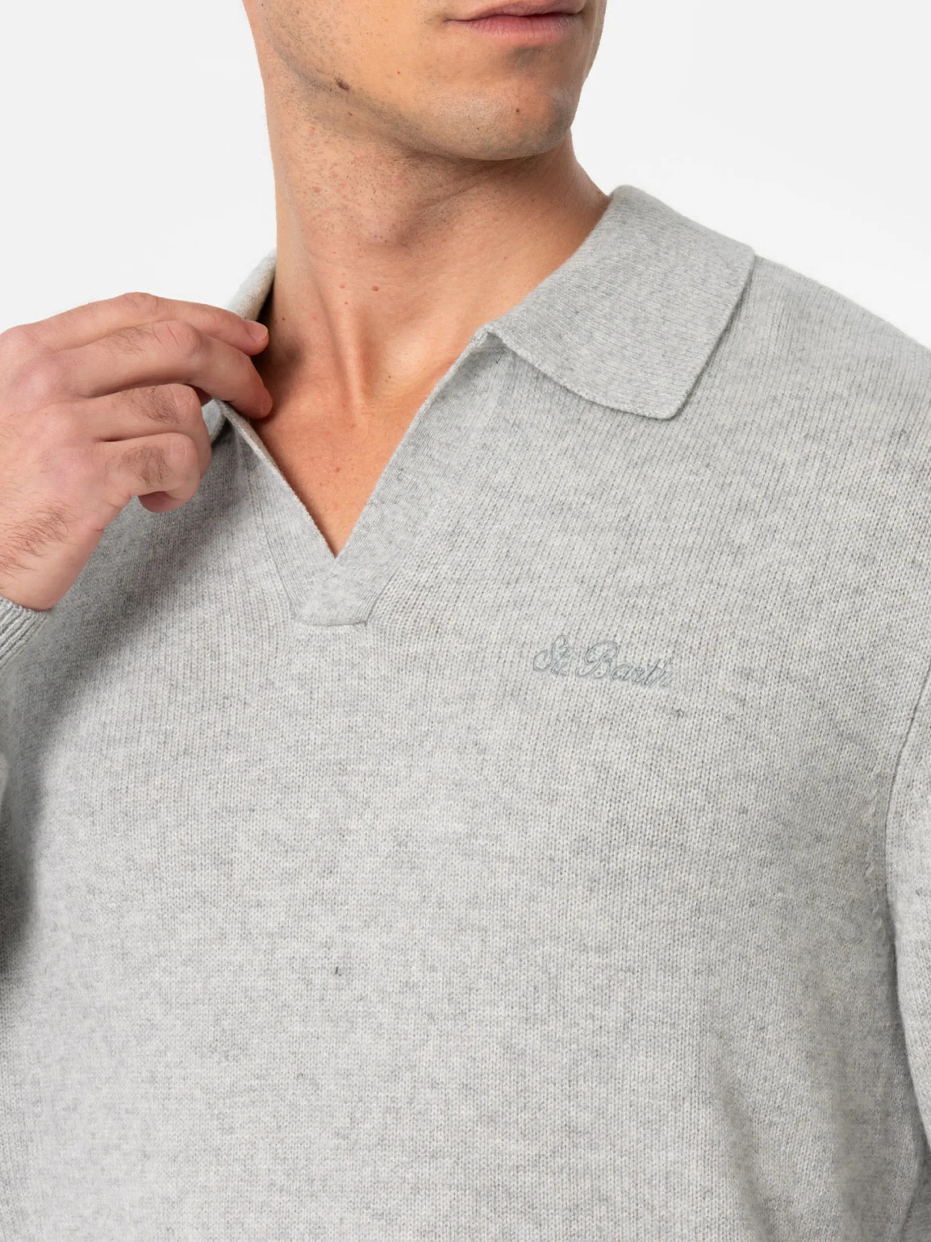 Maglione da uomo con collo a polo in misto cashmere grigio mélange Covent