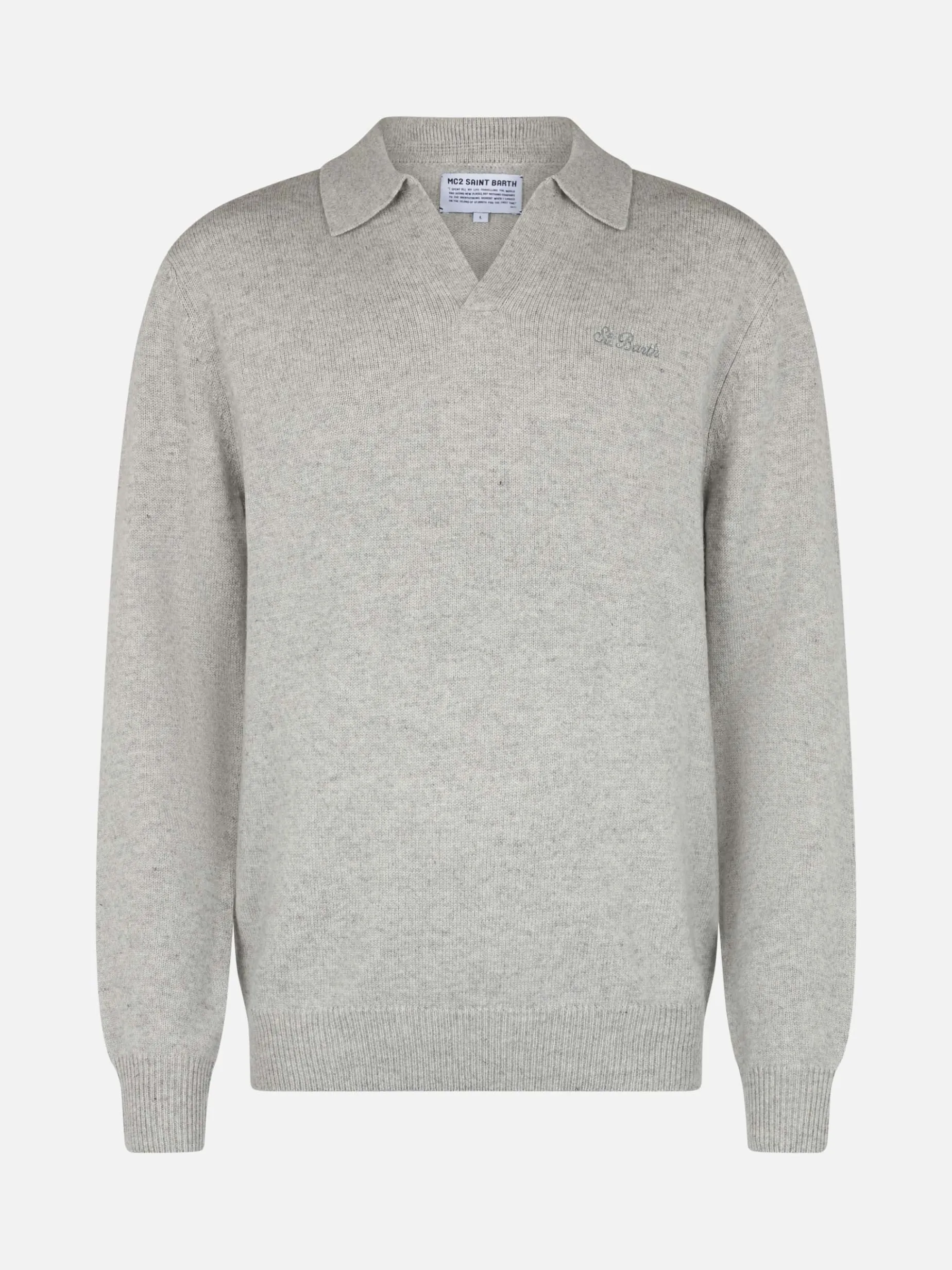 Maglione da uomo con collo a polo in misto cashmere grigio mélange Covent