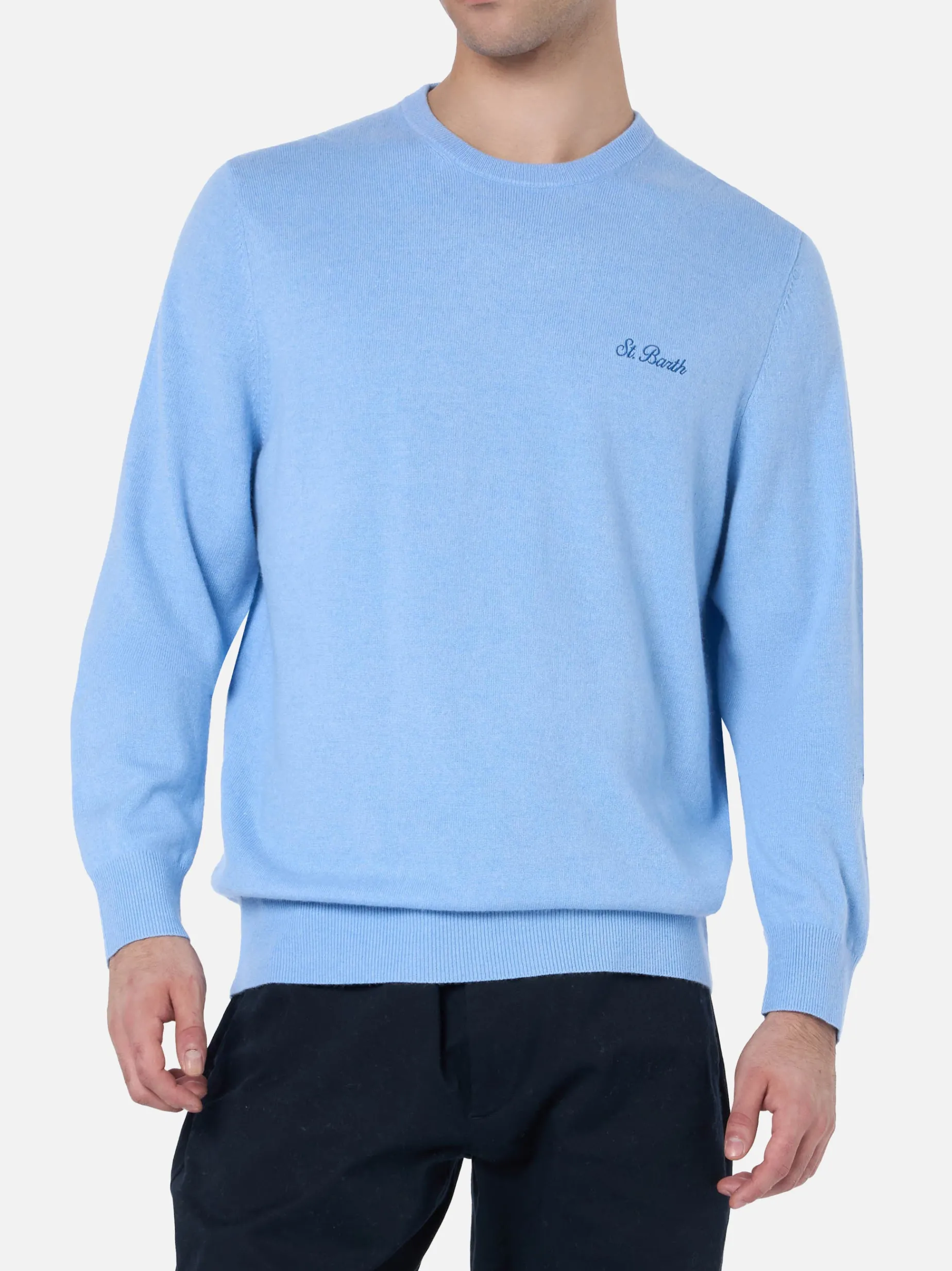 Maglione girocollo in misto cashmere azzurro chiaro da uomo Regent