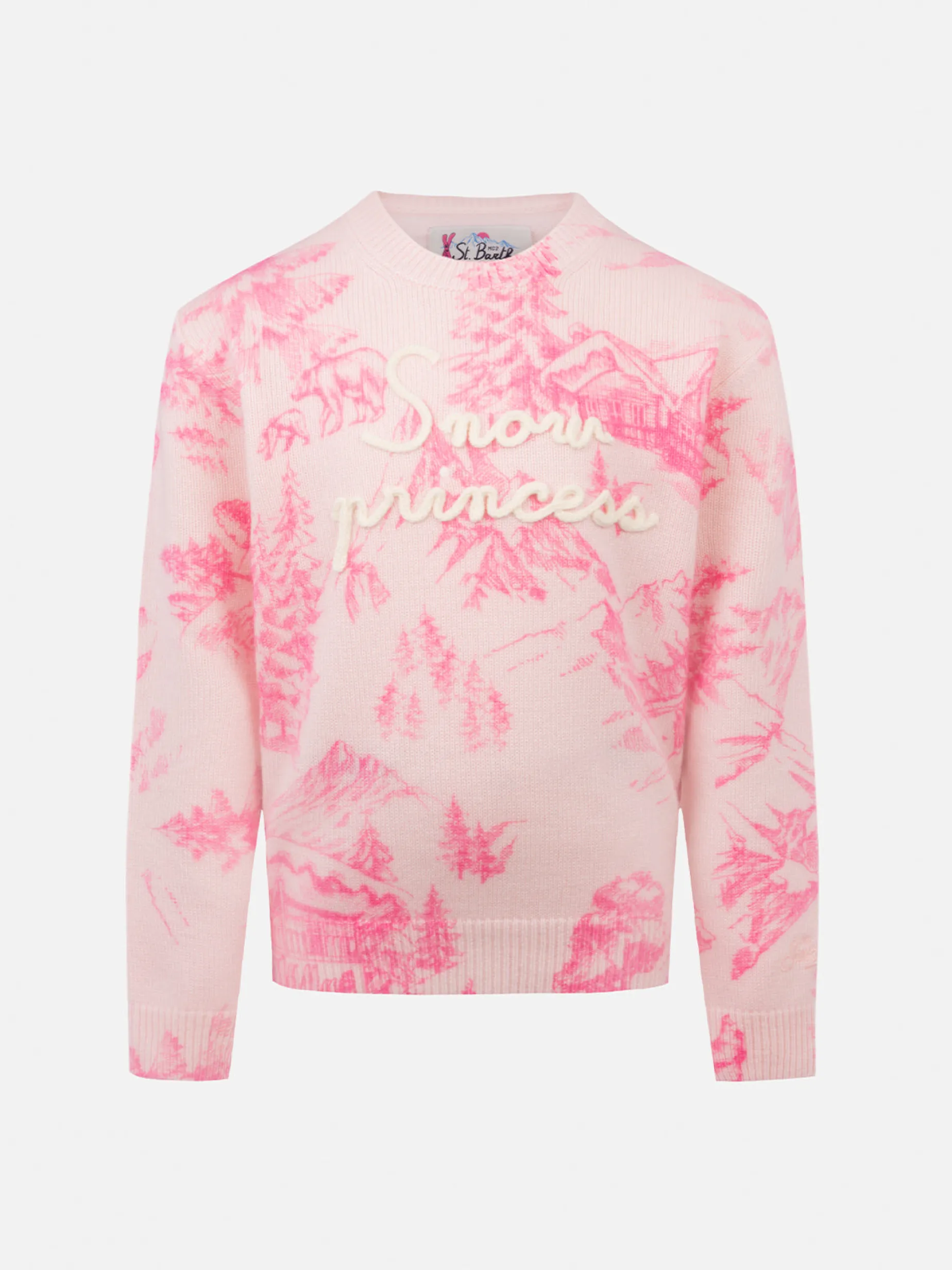 Maglione girocollo rosa da bambina Princess con stampa toile de jouy e ricamo Snow Princess