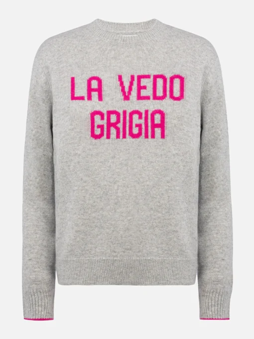 Maglione grigio da donna New Queen con stampa La vedo grigia