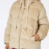 Piumino da donna imbottito in velluto a coste beige con cappuccio