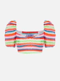 Top corto in maglia raschel da donna