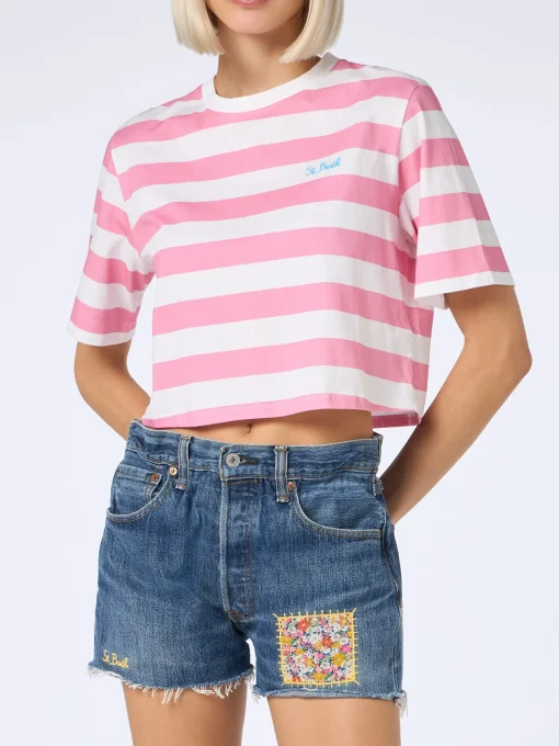 T-shirt corta a righe rosa e bianche da donna