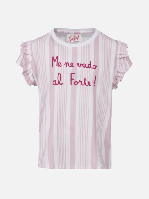 T-shirt da bambina in cotone con balza e ricamo