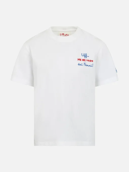 T-shirt da bambino in jersey di cotone Portofino Jr con ricamo Me ne vado dai nonni