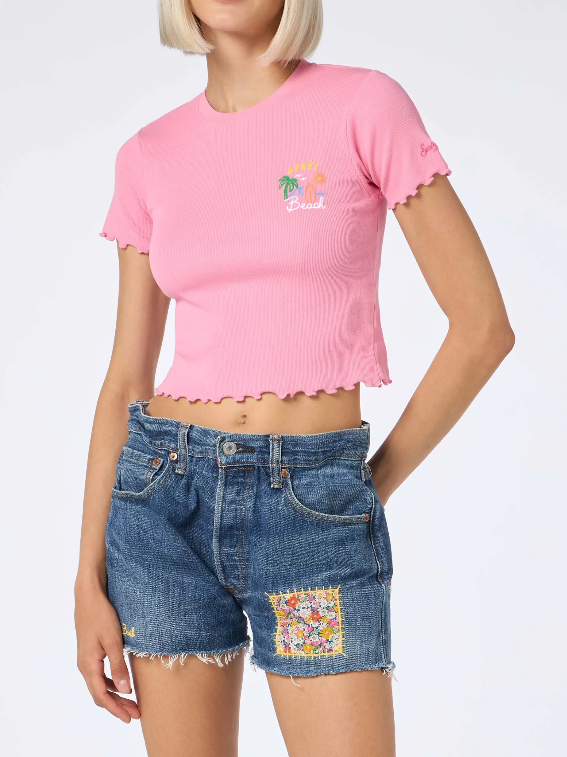 T-shirt da donna a costine con ricamo Après Beach