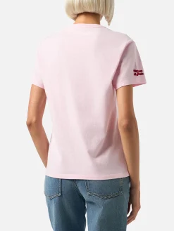 T-shirt da donna Emilie rosa in cotone pesante con ricamo Negare, negare sempre! | VACANZE DI NATALE EDIZIONE SPECIALE