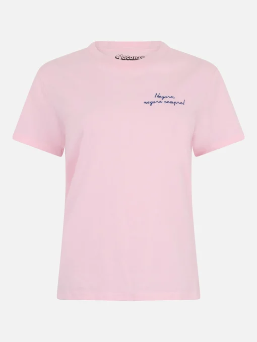 T-shirt da donna Emilie rosa in cotone pesante con ricamo Negare, negare sempre! | VACANZE DI NATALE EDIZIONE SPECIALE