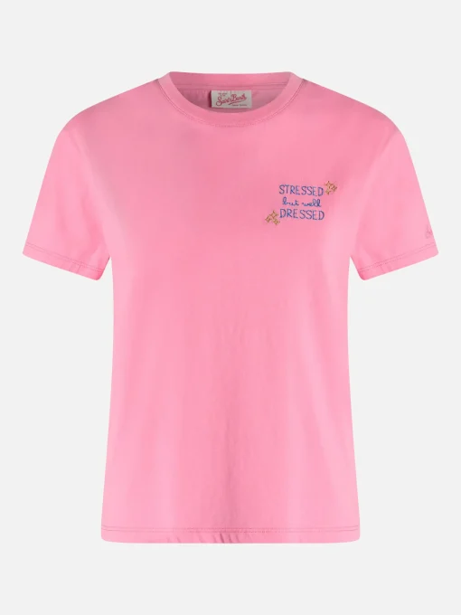 T-shirt da donna girocollo Emilie in jersey di cotone con ricamo Stressed but Well Dressed