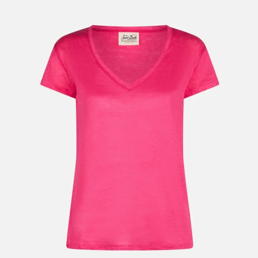 T-shirt da donna in lino fucsia