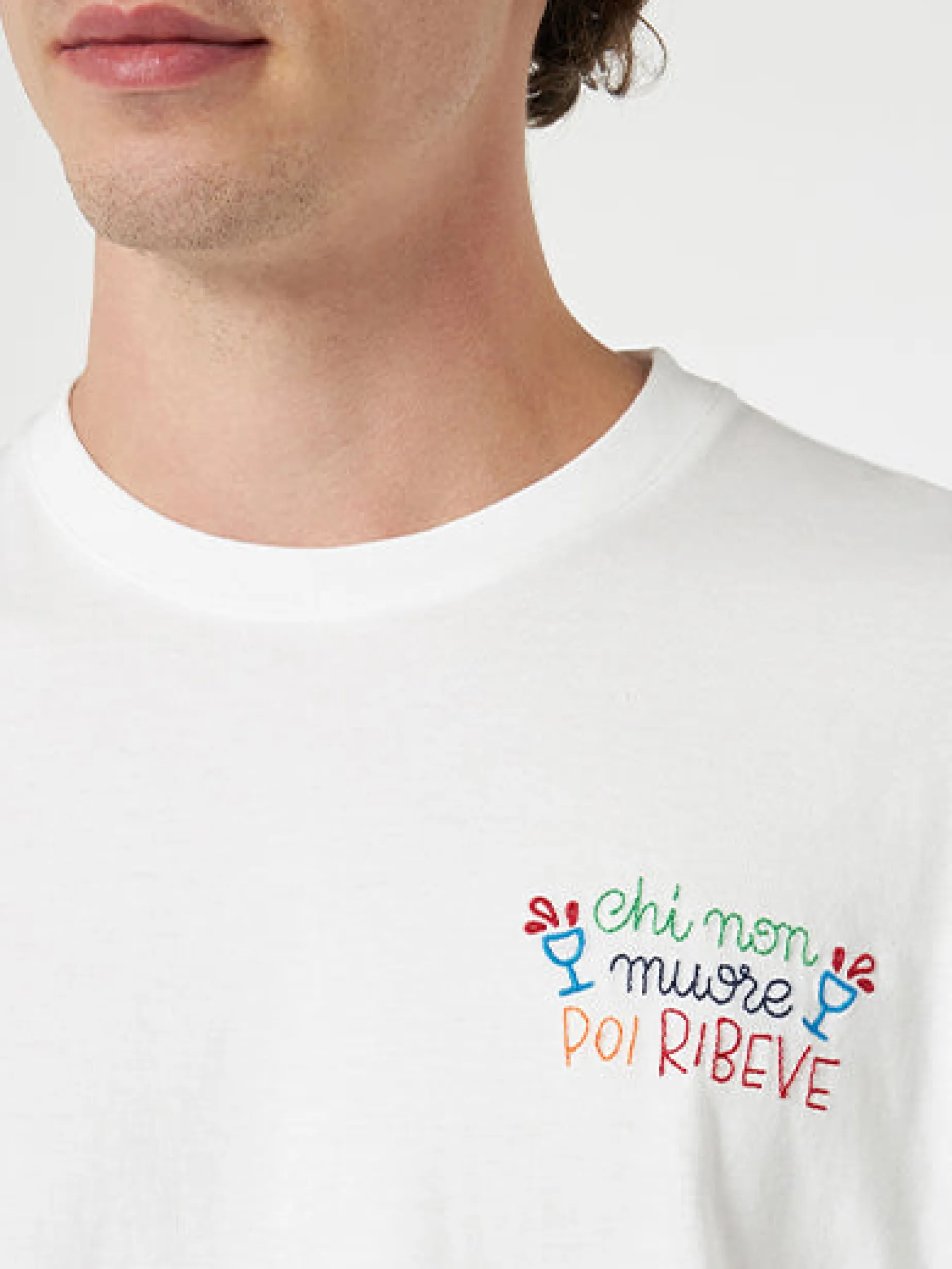 T-shirt da uomo classica in jersey di cotone Portofino con ricamo Chi non muore poi ribeve | EDIZIONE SPECIALE INSULTI LUMINOSI