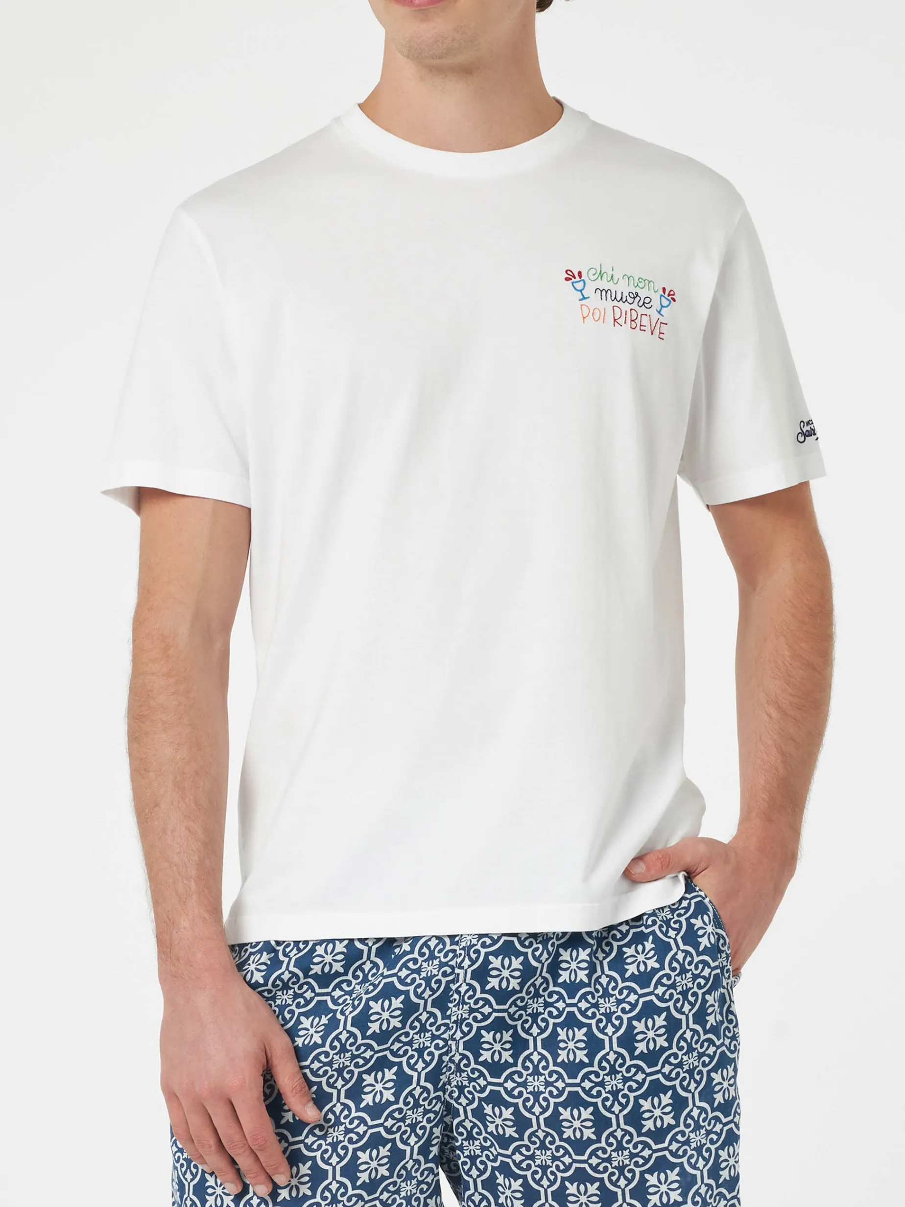 T-shirt da uomo classica in jersey di cotone Portofino con ricamo Chi non muore poi ribeve | EDIZIONE SPECIALE INSULTI LUMINOSI