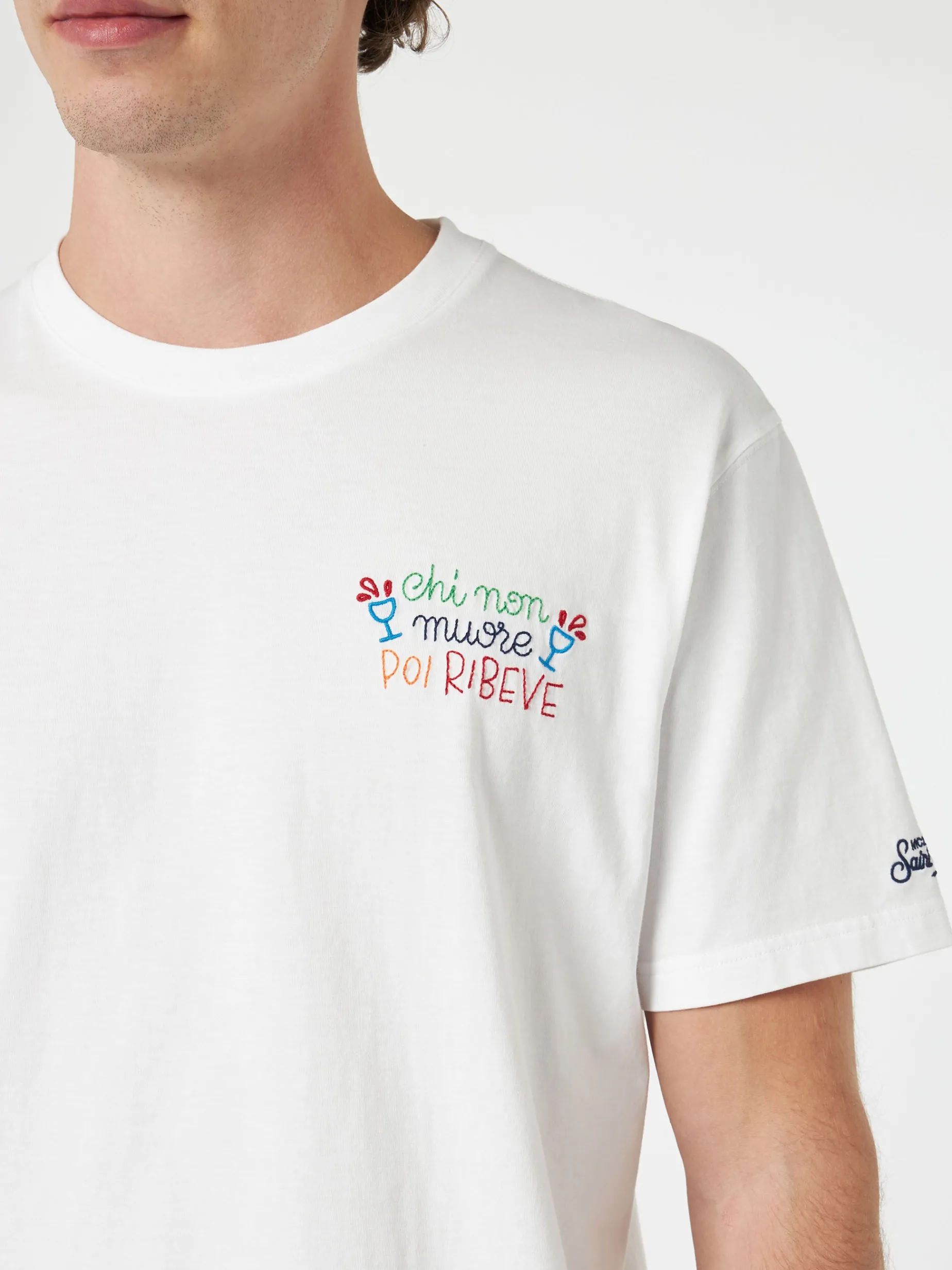 T-shirt da uomo classica in jersey di cotone Portofino con ricamo Chi non muore poi ribeve | EDIZIONE SPECIALE INSULTI LUMINOSI