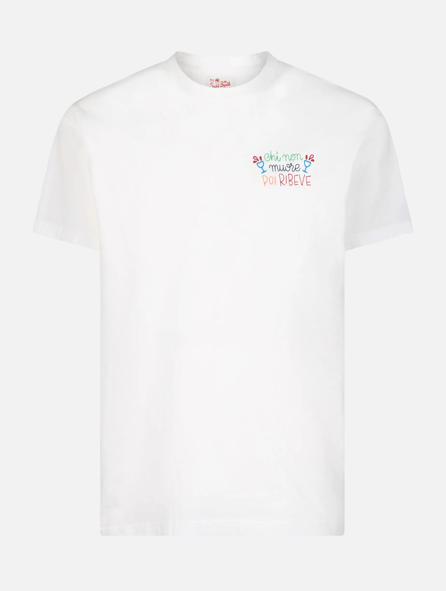 T-shirt da uomo classica in jersey di cotone Portofino con ricamo Chi non muore poi ribeve | EDIZIONE SPECIALE INSULTI LUMINOSI