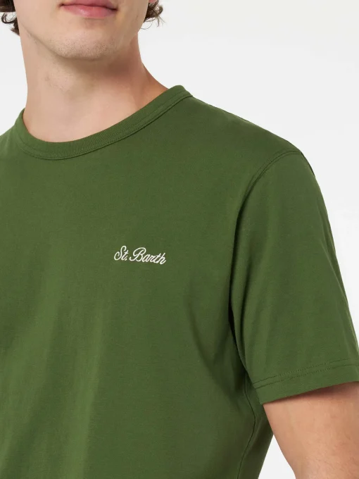 T-shirt da uomo Dover in jersey di cotone verde militare con ricamo St. Barth