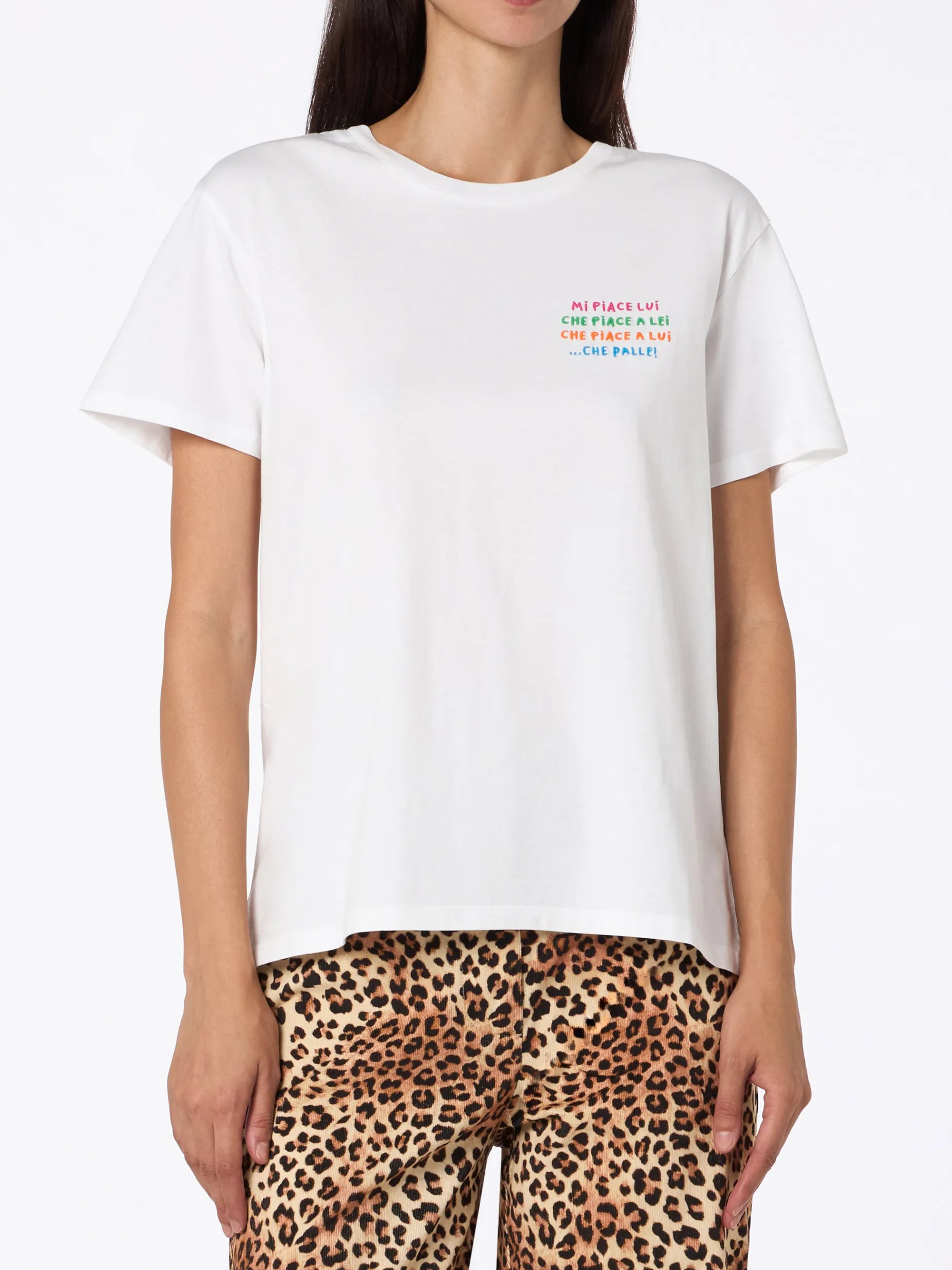 T-shirt girocollo in jersey di cotone bianco da donna Emiilie con ricamo Mi piace lui...