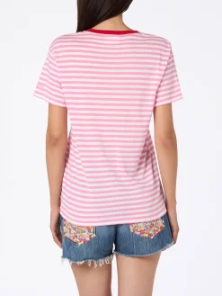 T-shirt girocollo in jersey di cotone a righe da donna Emiilie con ricamo Summer Lover