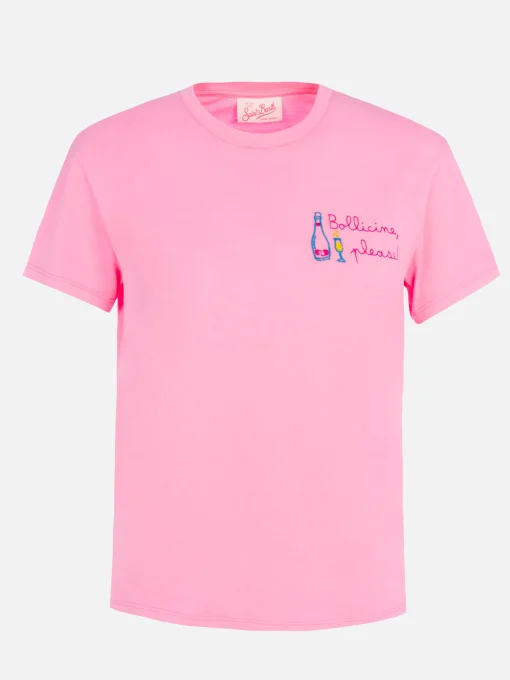 T-shirt girocollo in jersey di cotone rosa da donna Emilie con ricamo Bollicine, please