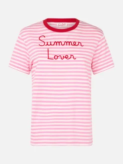 T-shirt girocollo in jersey di cotone a righe da donna Emiilie con ricamo Summer Lover