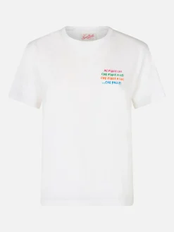 T-shirt girocollo in jersey di cotone bianco da donna Emiilie con ricamo Mi piace lui...