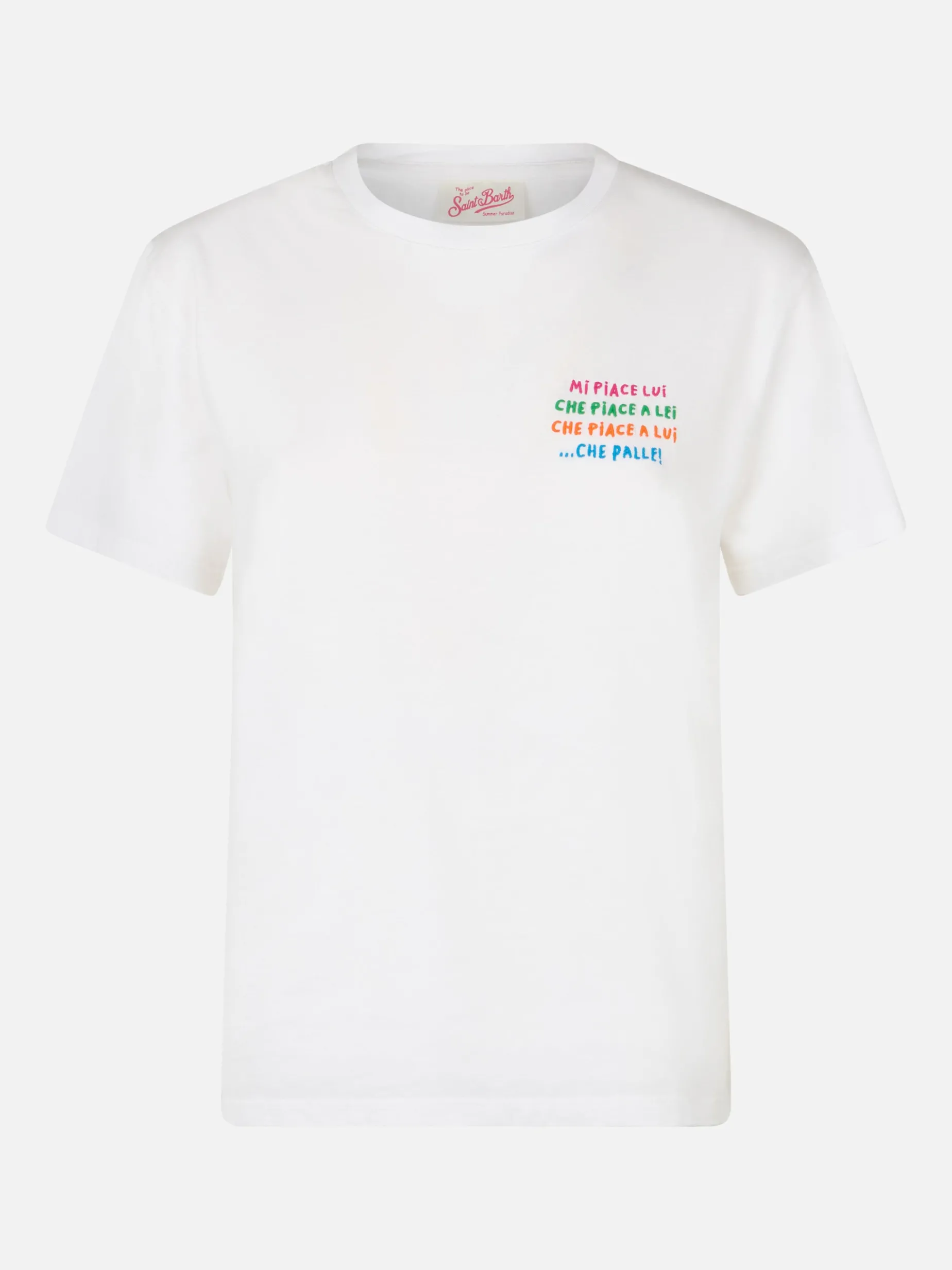 T-shirt girocollo in jersey di cotone bianco da donna Emiilie con ricamo Mi piace lui...