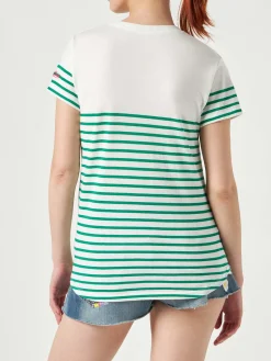 T-shirt in cotone a righe verdi con ricamo St. Barth