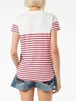 T-shirt in cotone a righe rosse con ricamo St. Barth