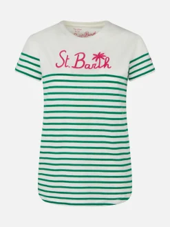 T-shirt in cotone a righe verdi con ricamo St. Barth