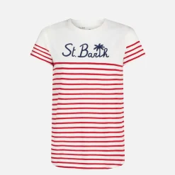 T-shirt in cotone a righe rosse con ricamo St. Barth
