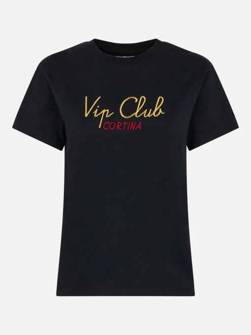 T-shirt nera da donna in cotone pesante Emilie con ricamo Vip Club Cortina | VIP CLUB CORTINA SPECIAL EDITION