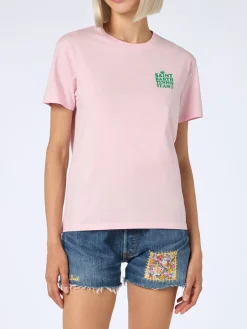 T-shirt rosa in cotone con stampa 